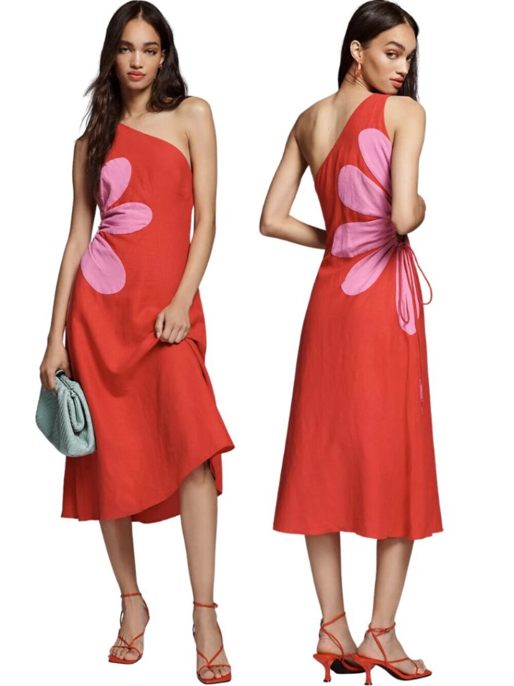 Farm Rio One Shoulder Flower Cut Out Midi Dress Womens XXS Red Linen Wedding NWT